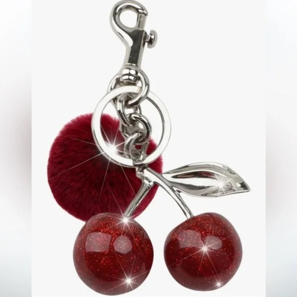 Glittery Red Cherry bag charm w/ red poof ball and silver hardware